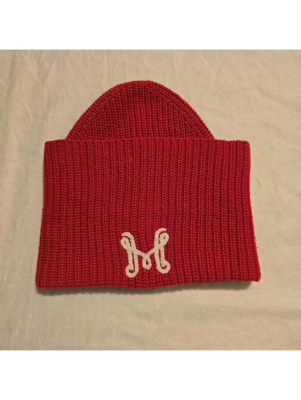 H&M Red Knit Beanie Hat with White Embroidered Logo